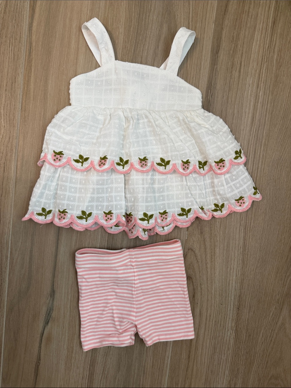 White Embroidered Strawberry Tiered Top with Pink Striped Shorts
